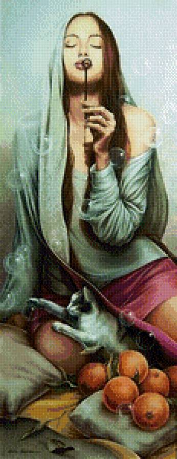 картина - девушка, кошка, кот - предпросмотр