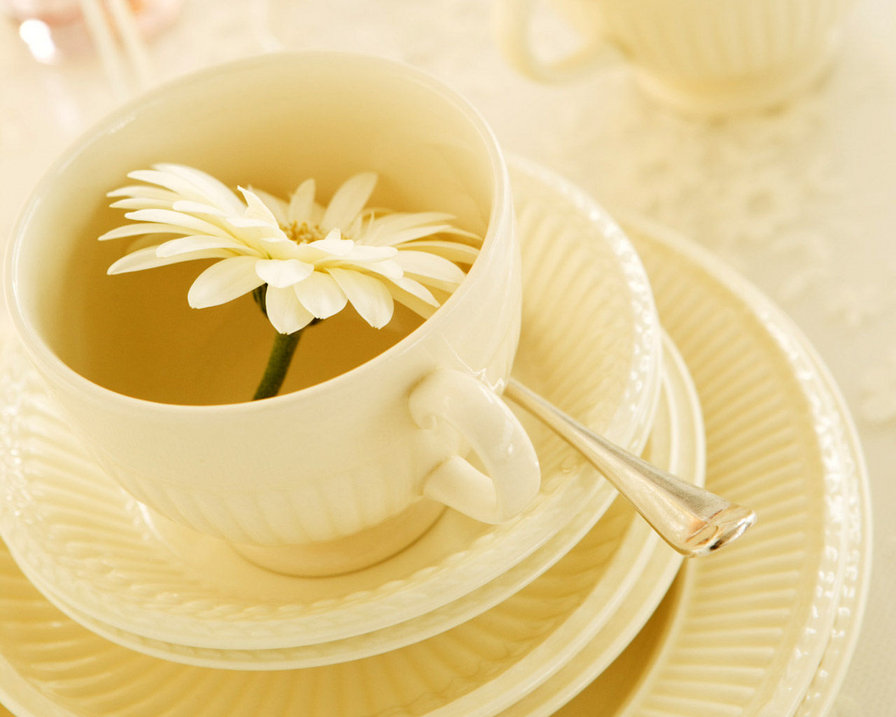 чай из ромашки - ложка, на кухню, цветок, блюдце, чашка, чай, ромашка - оригинал