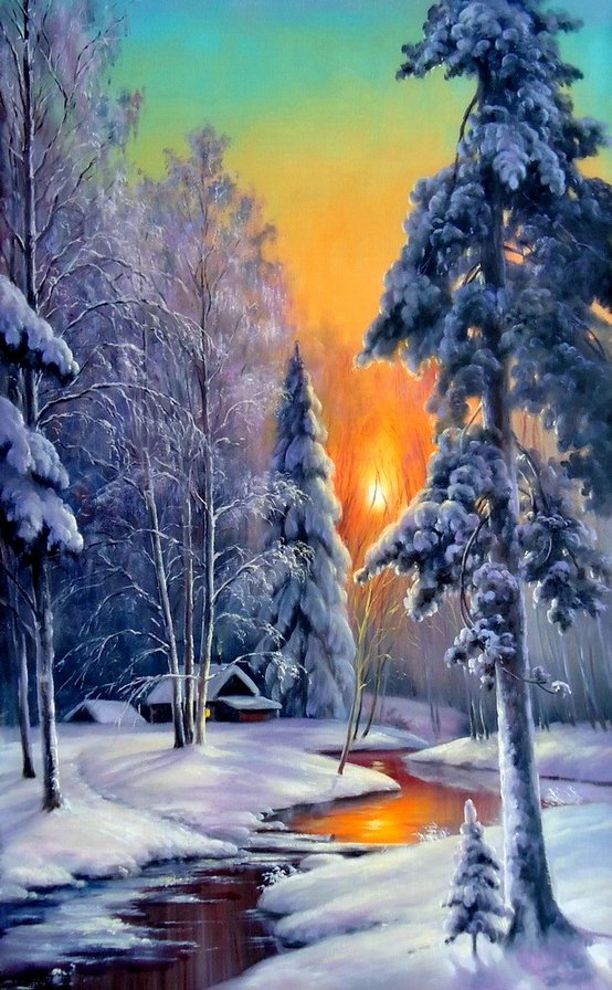 зимний вечер - пейзаж, лес, зима - оригинал