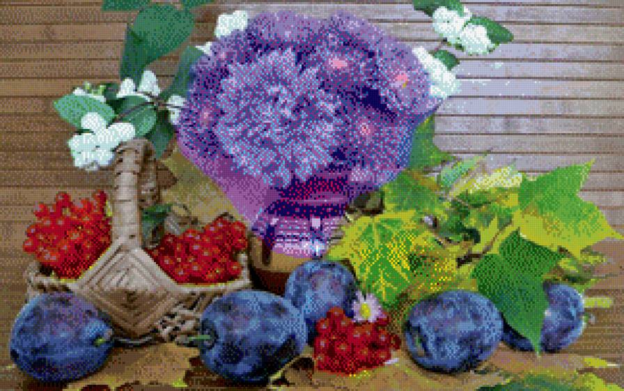 Натюрморт - сливы, астры, натюрморт, цветы - предпросмотр