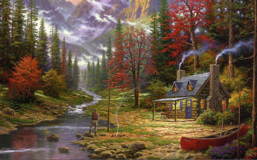 №771582 - горы, пейзаж, домик, осень, лес, картина - оригинал