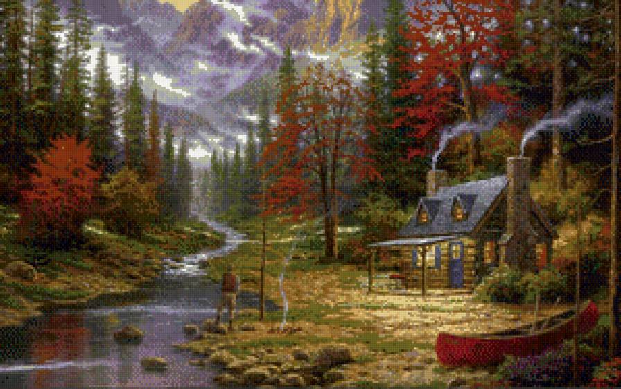 №771582 - картина, пейзаж, горы, домик, лес, осень - предпросмотр