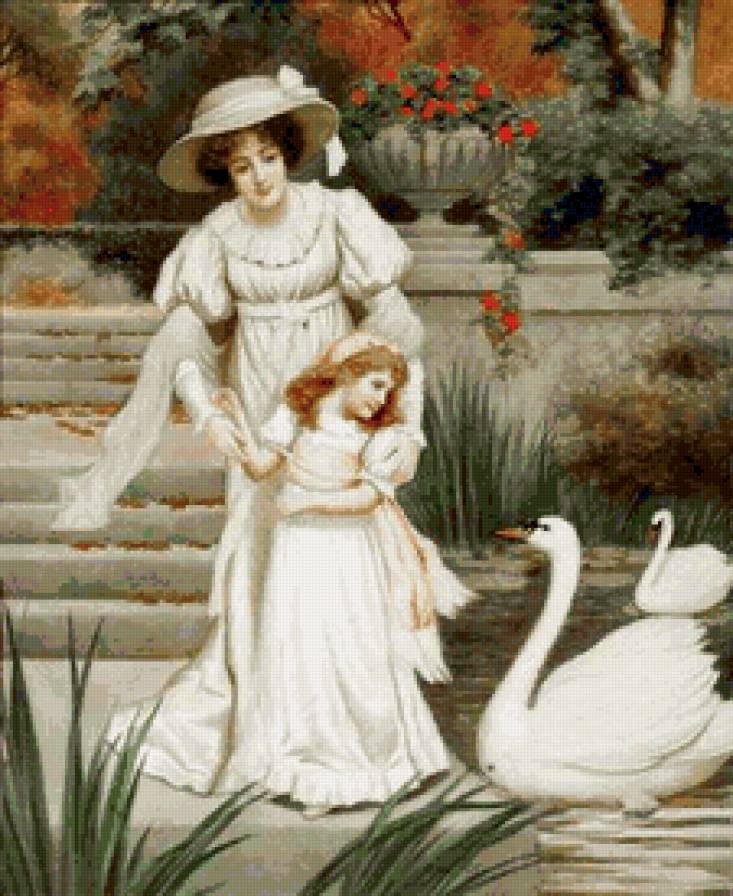 У пруда - пруд, лебеди, детипрогудка, птицы, люди, дама - предпросмотр