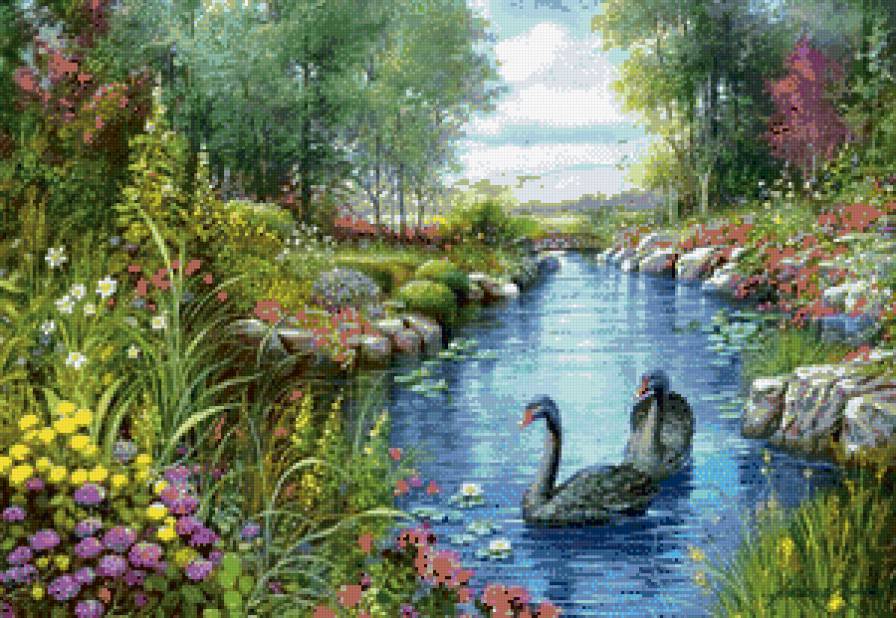 Природа - природа, река, пейзаж, лебеди - предпросмотр