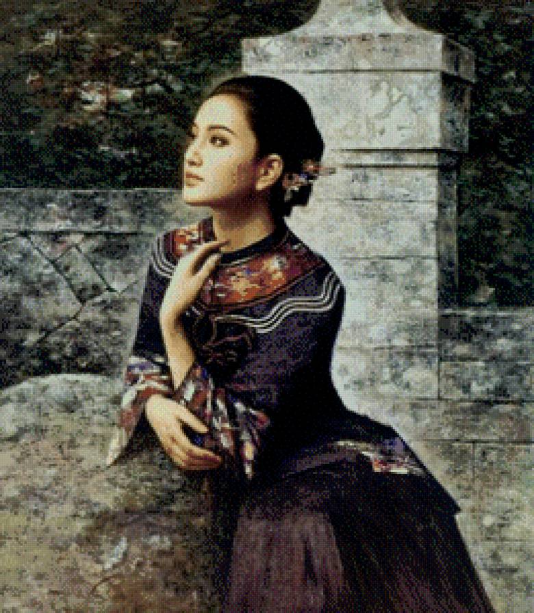 Прекрасная азиатка - картина, портрет, живопись азии, лица - предпросмотр