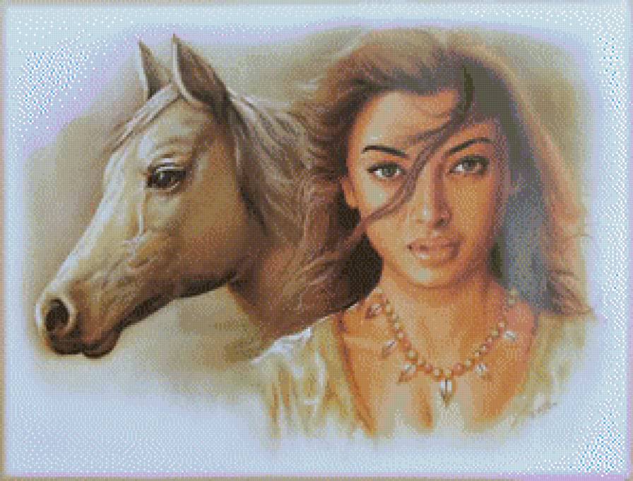 №773904 - девушка, живопись азии, лошадь, картина - предпросмотр
