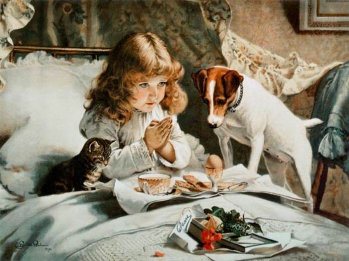 №774785 - портрет, картина, дети ретро, девочка, собачка - оригинал