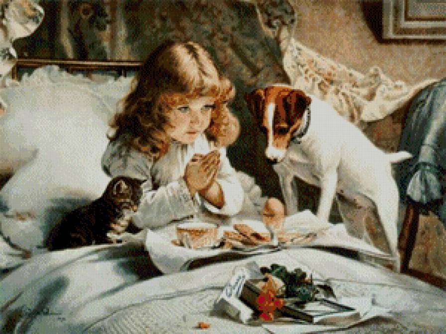 №774785 - собачка, портрет, девочка, дети ретро, картина - предпросмотр