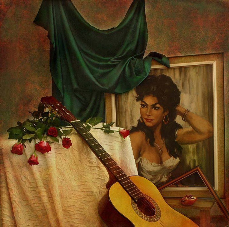 Ты так проникновенно исполняешь романсы. Девушка с гитарой картина. Картины с гитарой известных художников. Гитара в живописи. Натюрморт с гитарой.