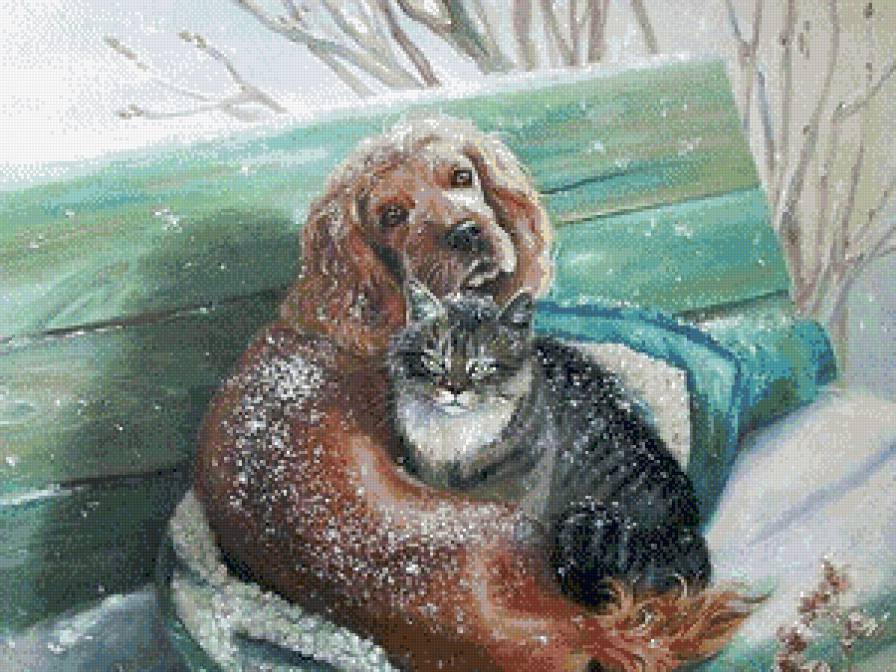 №774931 - скамейка, собака, зима, снег, кошка, животные - предпросмотр