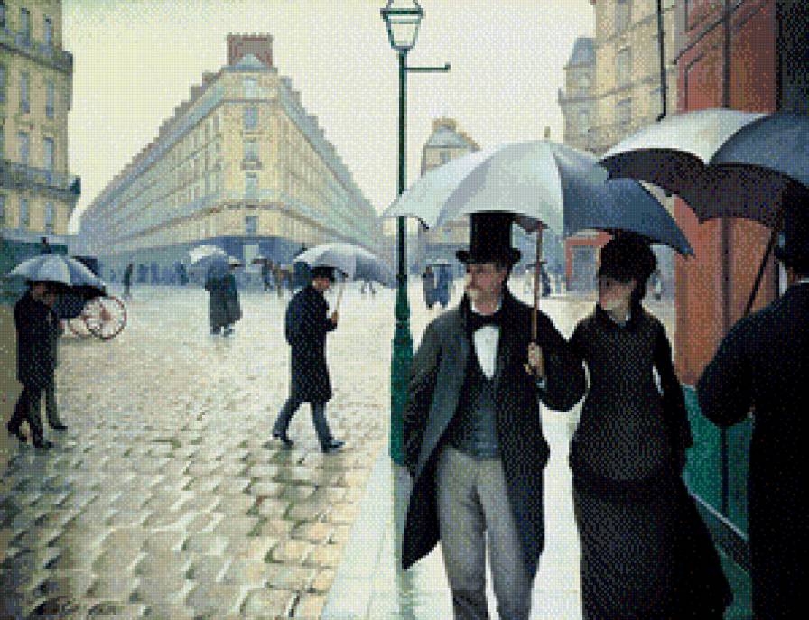 Прогулка в городе - город, дождь, картина, зонты, люди - предпросмотр