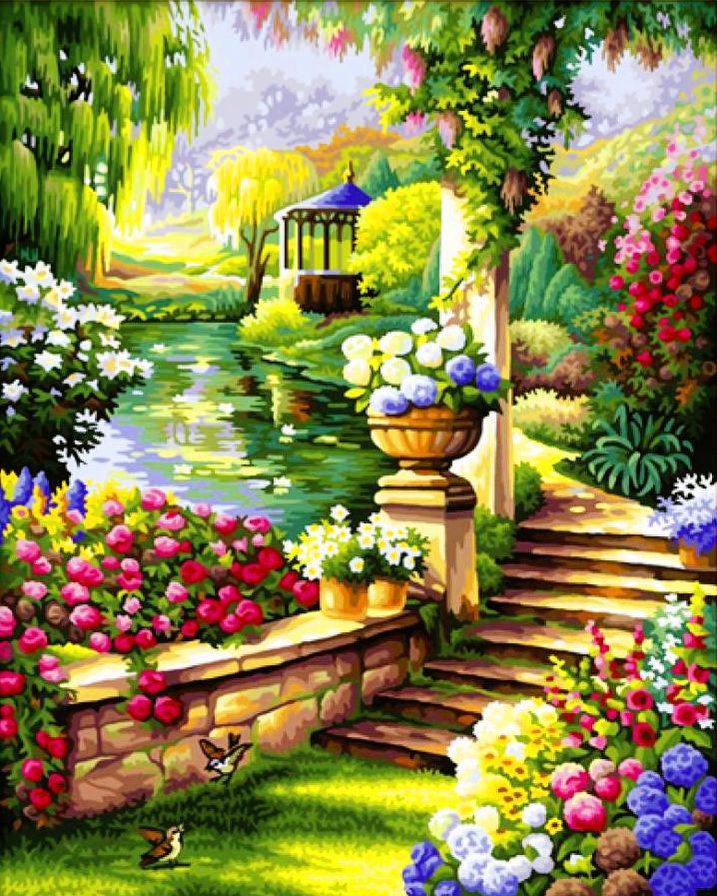 летний сад - пейзаж, цветы, картина - оригинал