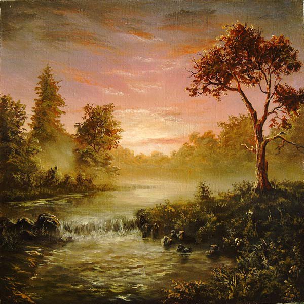 Закат в лесу (Стас Побытов) - лес, речка, закат - оригинал