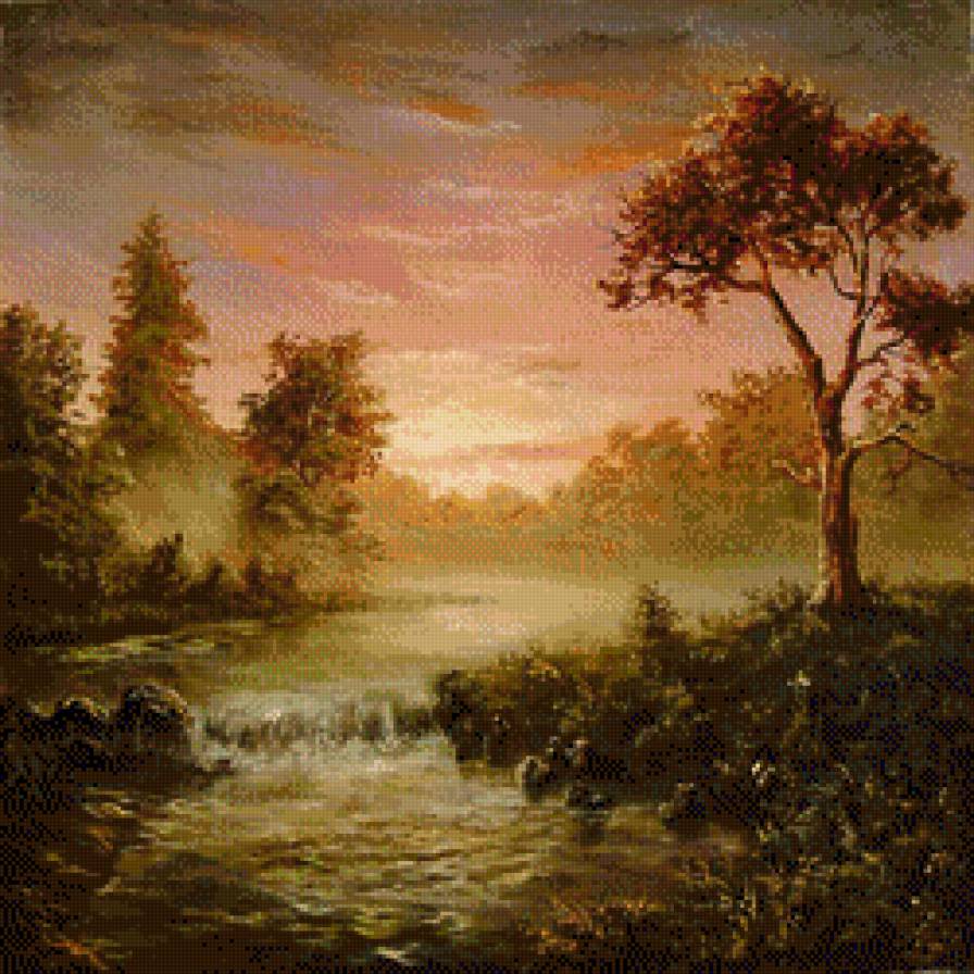 Закат в лесу (Стас Побытов) - лес, закат, речка - предпросмотр