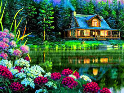 картина - речка, пейзаж, дом, цветы, природа, река, лес, домик - оригинал
