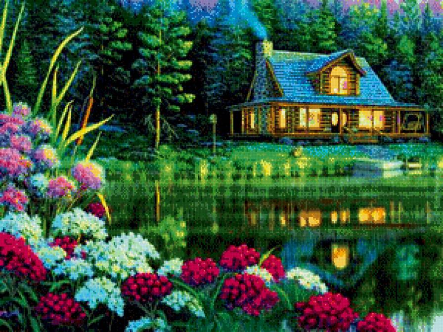 картина - природа, дом, лес, речка, домик, пейзаж, река, цветы - предпросмотр