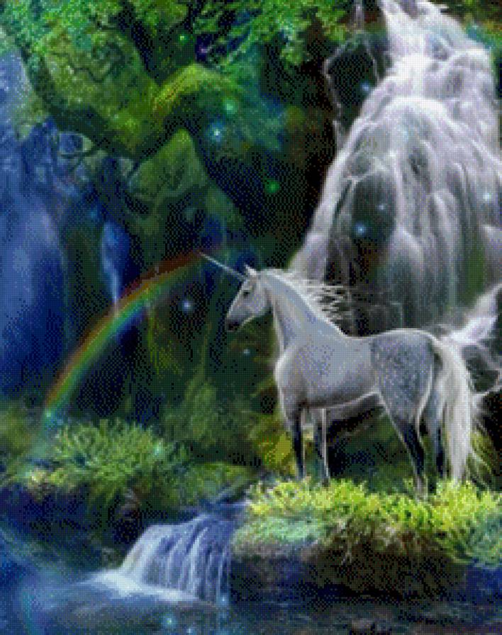 Единорог у водопада - единорог, природа, водопад - предпросмотр