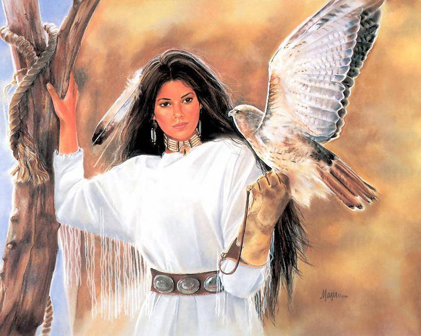 Девушка с птицей на руке - природа, девушка, индейцы, птица - оригинал