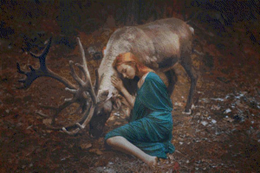 Девушка - олень, лес, любовь, люди, животные - предпросмотр