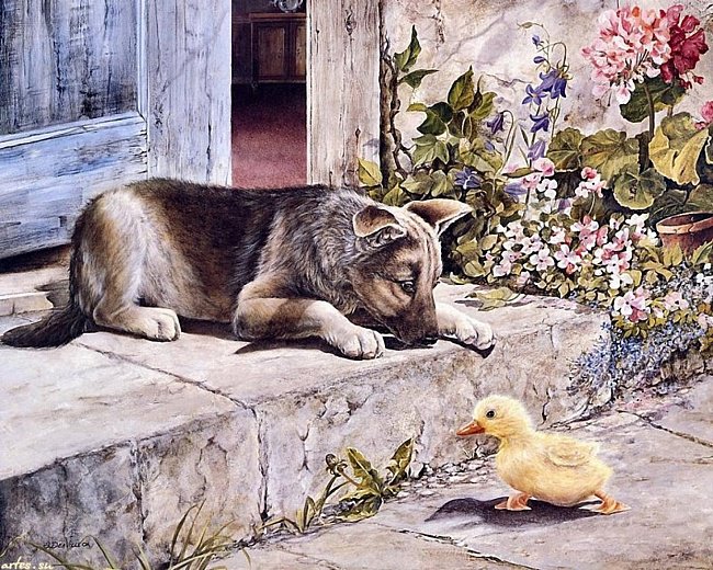 Малыши - картина, собака, животные, утенок - оригинал