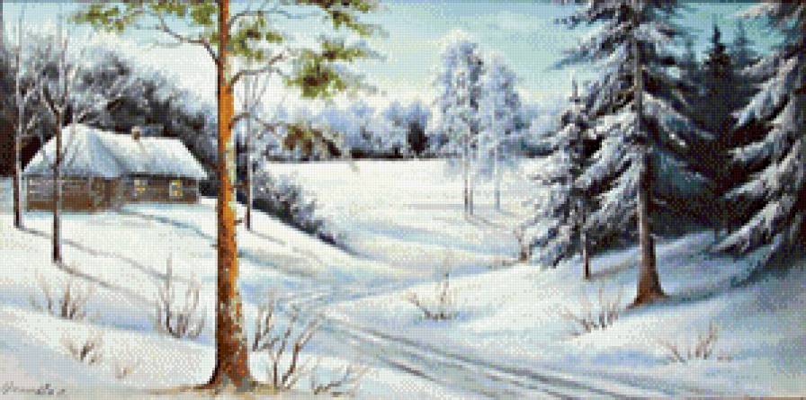 Зимний пейзаж - зима, домик, лес - предпросмотр