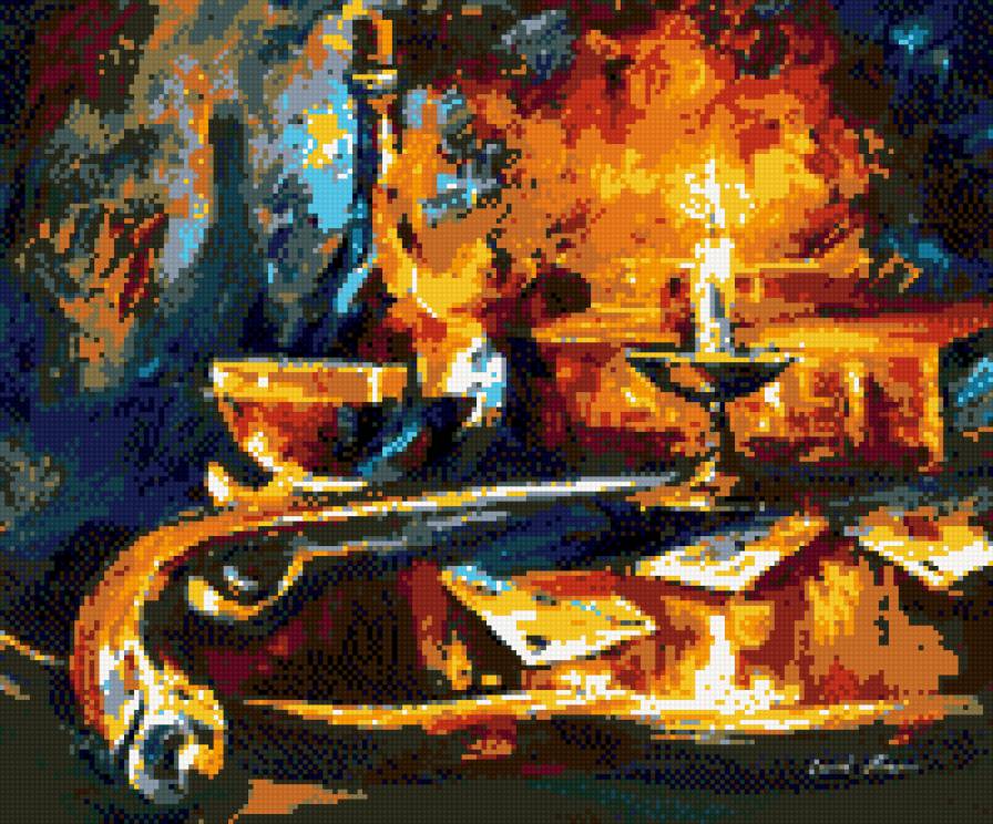 Л.Афремов - пистолет, бокал, афремов, свеча, бутылка, натюрморт - предпросмотр