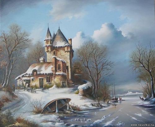 Голландский пейзаж - природа, картина, зима, замок - оригинал