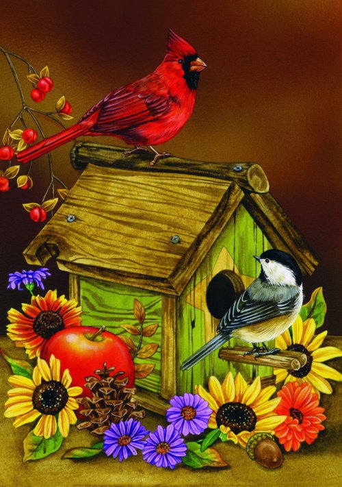 скворечник - птицы, осень, подсолнух, птички, птица - оригинал