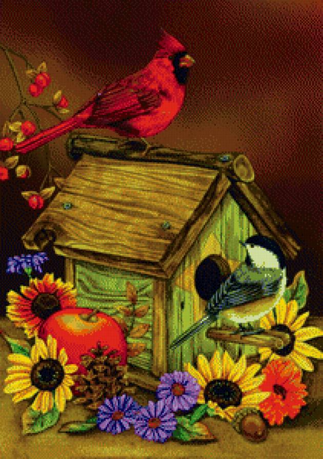 скворечник - птички, птицы, подсолнух, птица, осень - предпросмотр