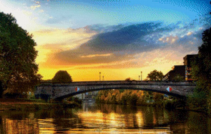 Закат над рекой - закат, облака, мост, деревья, река - предпросмотр