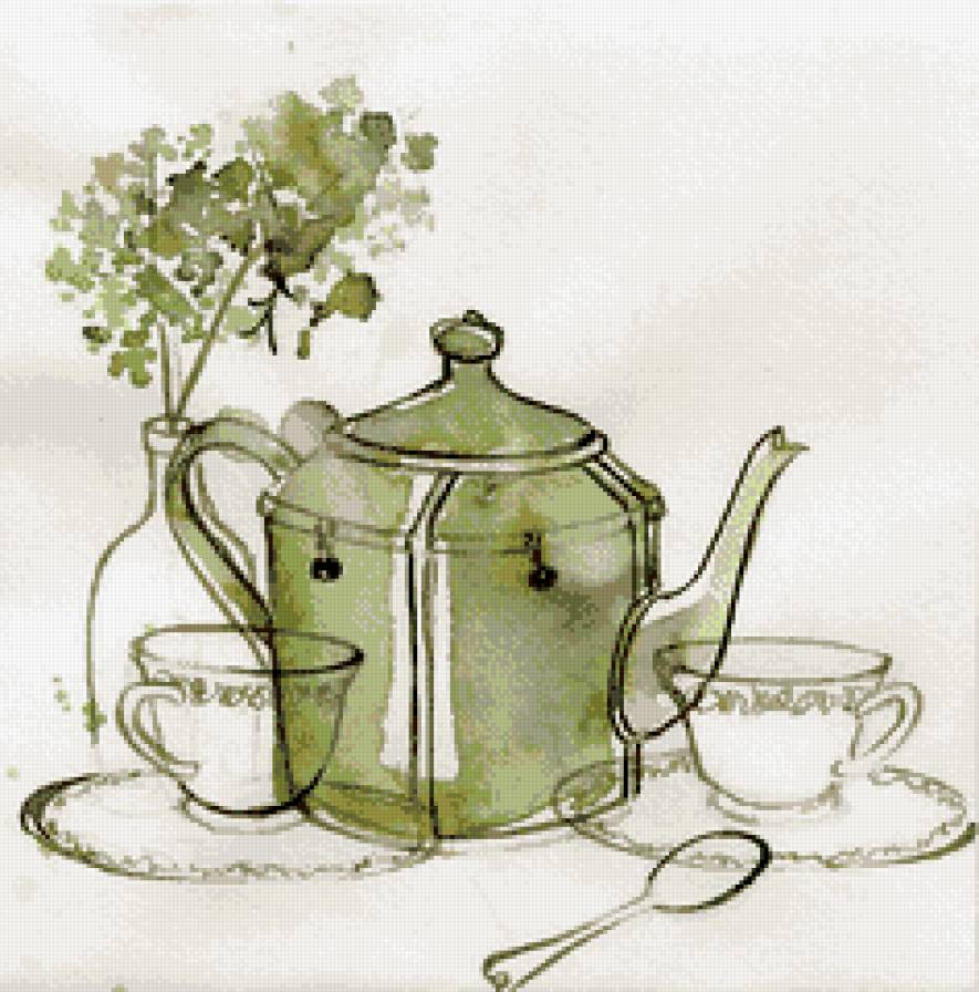 картинка для кухни - цветы, чайник, чайные, чашки - предпросмотр