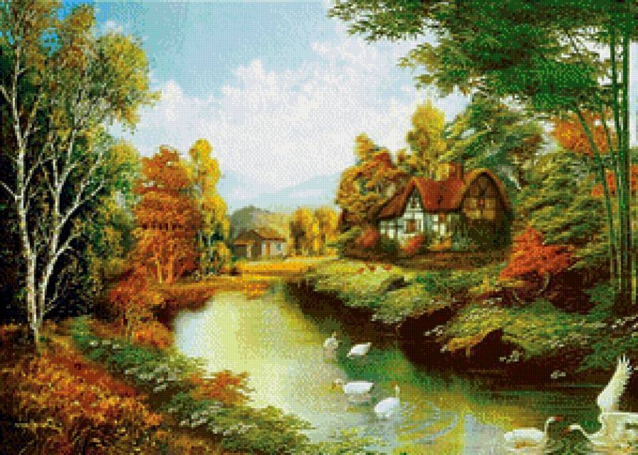 Домик на берегу реки - река, пейзаж, домик - предпросмотр