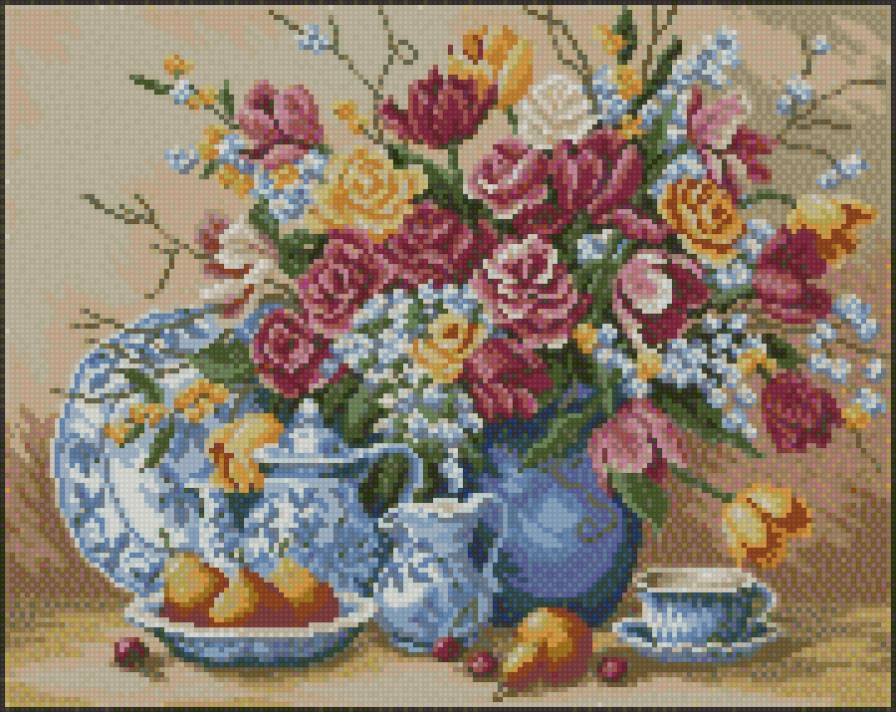 натюрморт с китайским сервизом - тюльпаны, букет, гжель, розы, натюрморт - предпросмотр