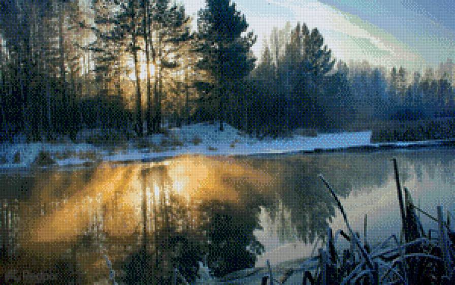 на рассвете - зима, пейзаж, лес, времена года, рассвет, река - предпросмотр