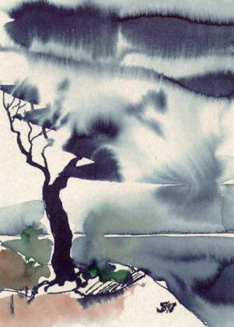 акварель - ветер, осень, акварель, монохром - оригинал