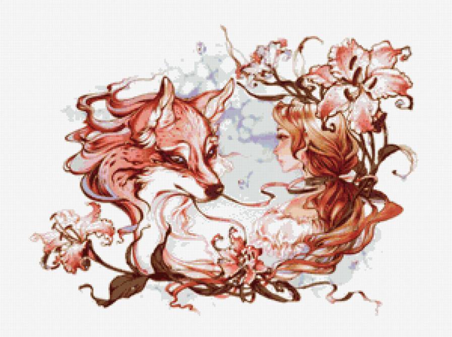 богиня лис - люди, фэнтези, небо, девушка, цветы, животные, богиня, лиса - предпросмотр