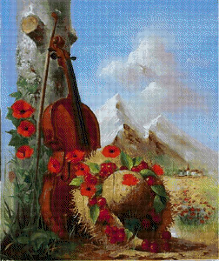 Скрипка - цветы, натюрморт - предпросмотр