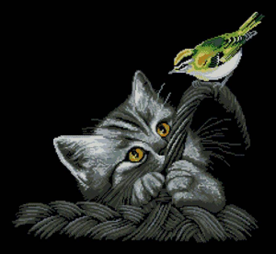 Котенок и птичка - предпросмотр