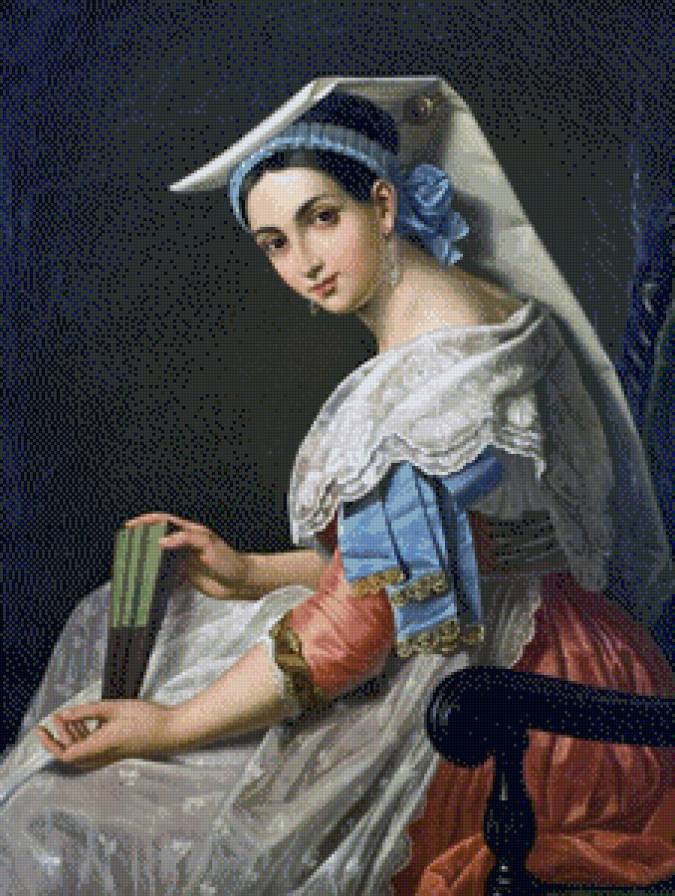 девушка с веером - девушка, красавица, живопись, картина, портрет - предпросмотр