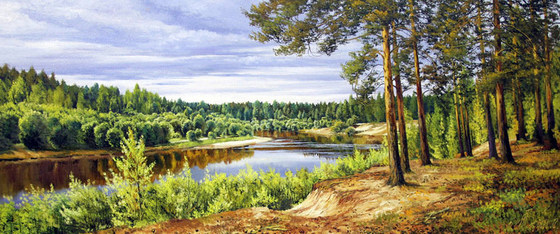 Красочный пейзаж - река, осень, березы - оригинал