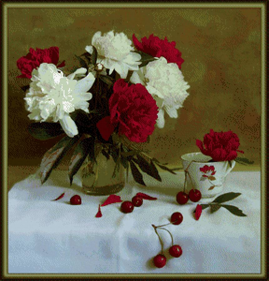 Пионы с вишенками - вишня, натюрморт, цветы, пионы - предпросмотр