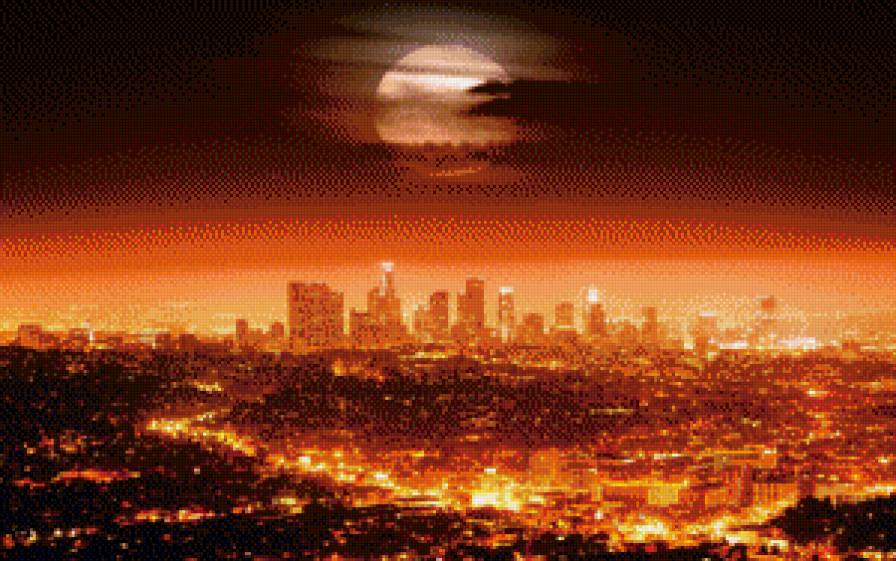 огни ночного города - городской пейзаж, луна, огни, облака, город - предпросмотр