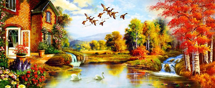 красивый пейзаж - картина, природа, дом, пейзаж, цветы - оригинал