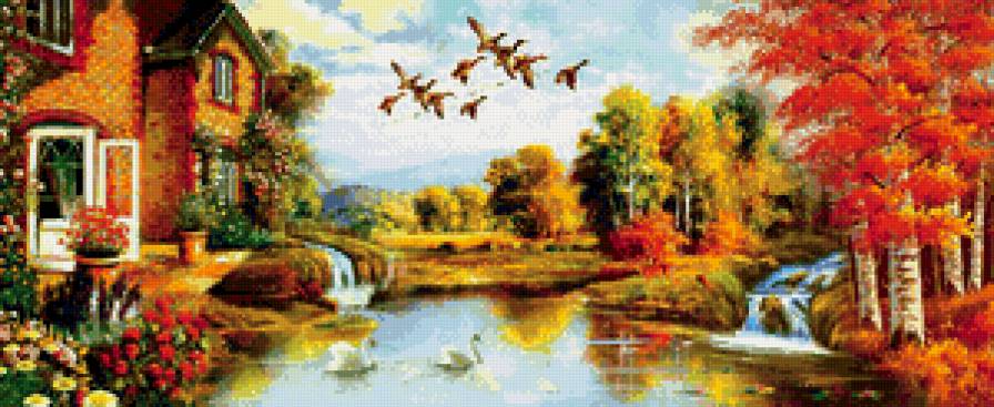 красивый пейзаж - картина, природа, пейзаж, дом, цветы - предпросмотр