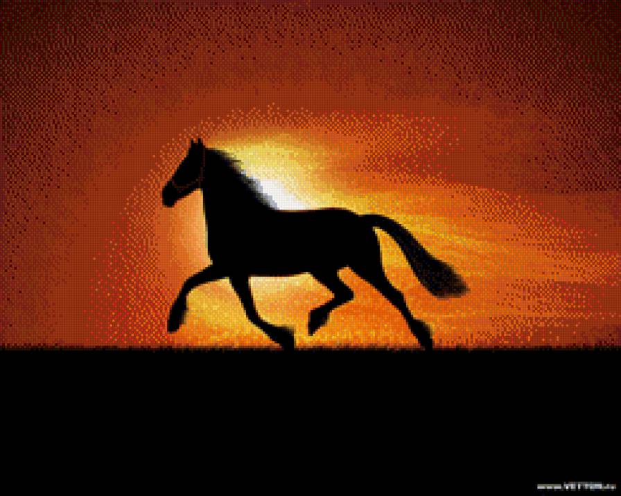 на закате - конь, мустанг, закат, силуэт - предпросмотр