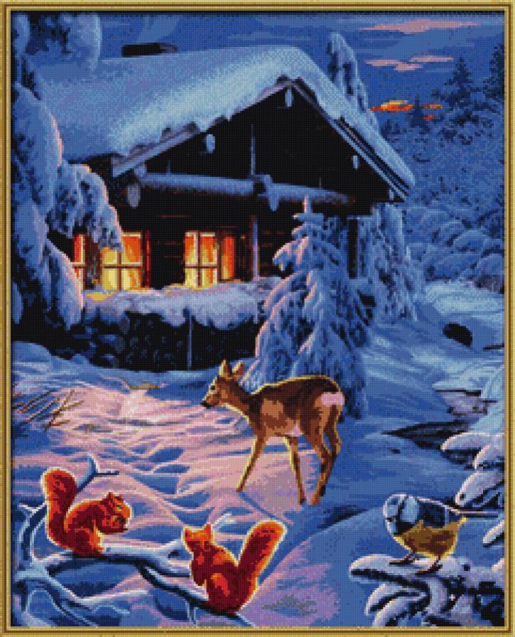 зимовка зверей - зима, пейзаж, животные - предпросмотр