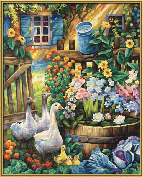 сельский пейзаж - цветы, птицы - оригинал