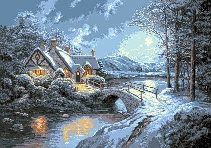 темная ночь - дом, река, ночь, природа, домик, картина, снег - оригинал