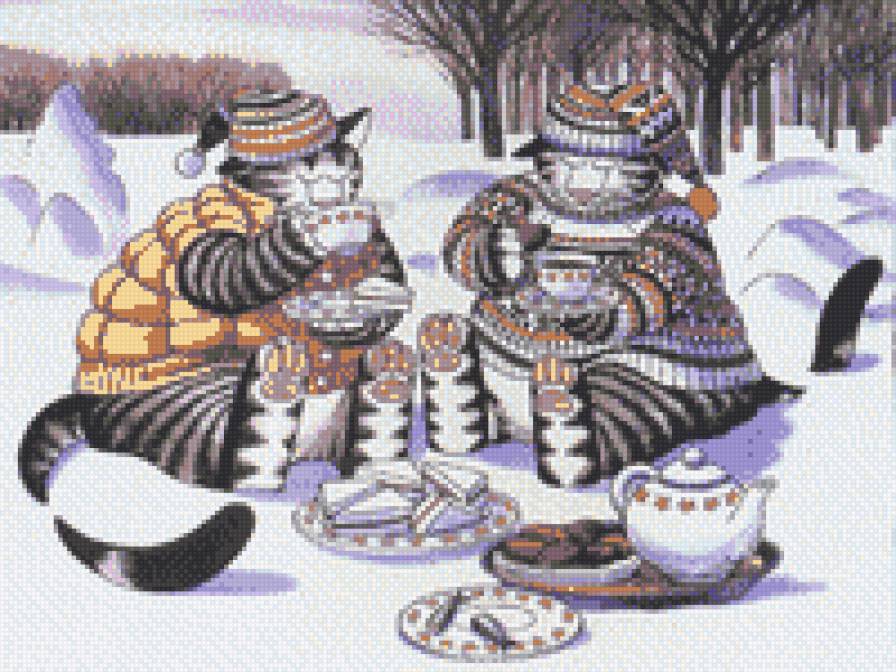 коты. чаепитие - чаепитие, деревня, зима, чай, коты, друзья, кот - предпросмотр