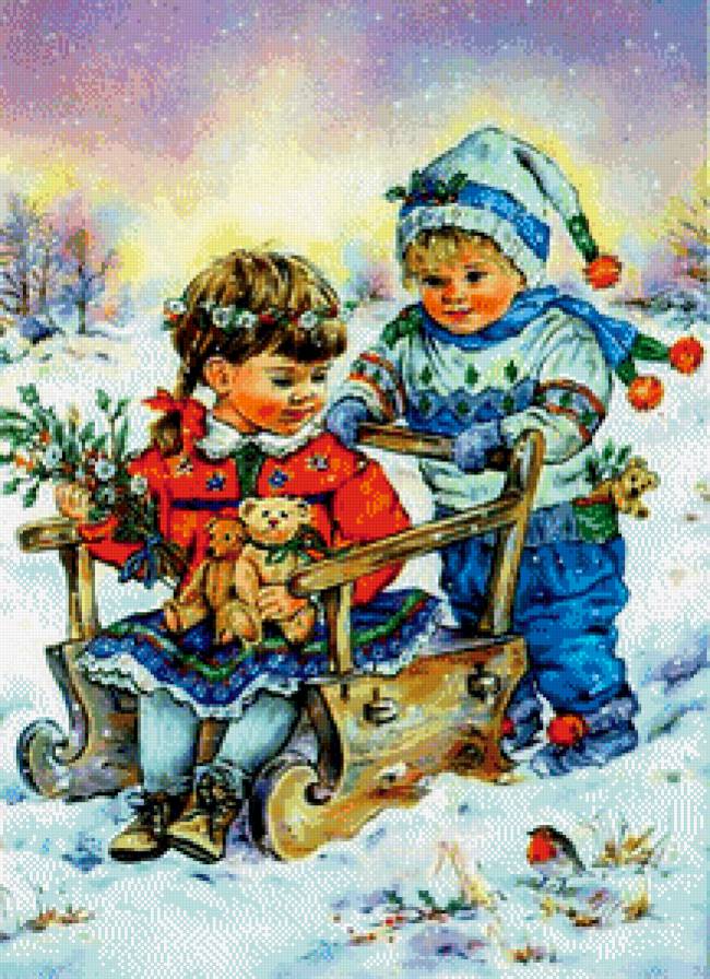 катание на санках - дети, картина - предпросмотр